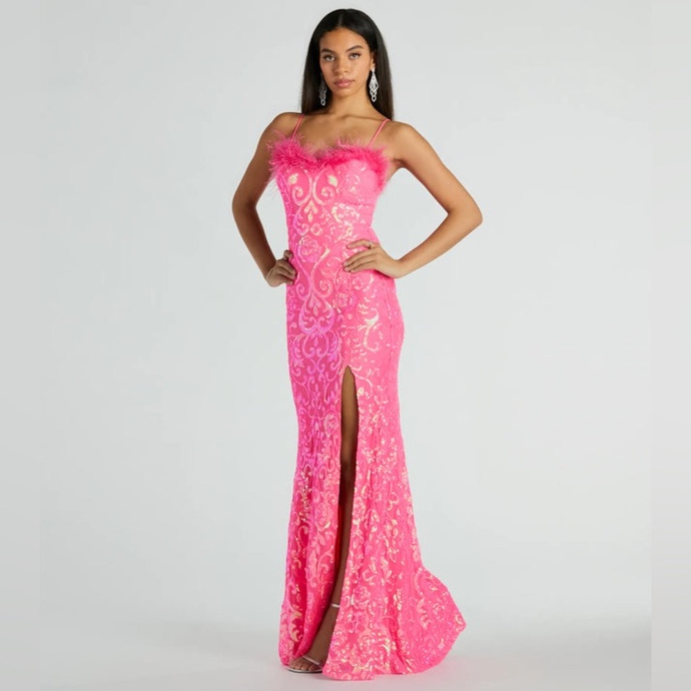 Windsor Neon Pink Cara Marabou Trim Mermaid Slit Sequin Formal Dress